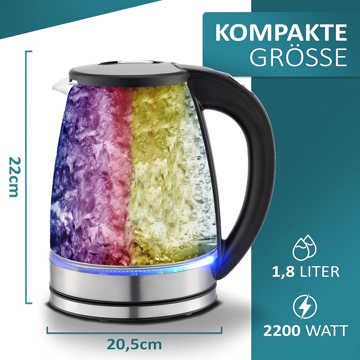 Ecosa Glas Wasserkocher mit Temperatureinstellung | 40°C - 100°C | 1,8 L | 2200 watts | Écran LCD | Éclairage LED | Acier inoxydable de haute qualité 