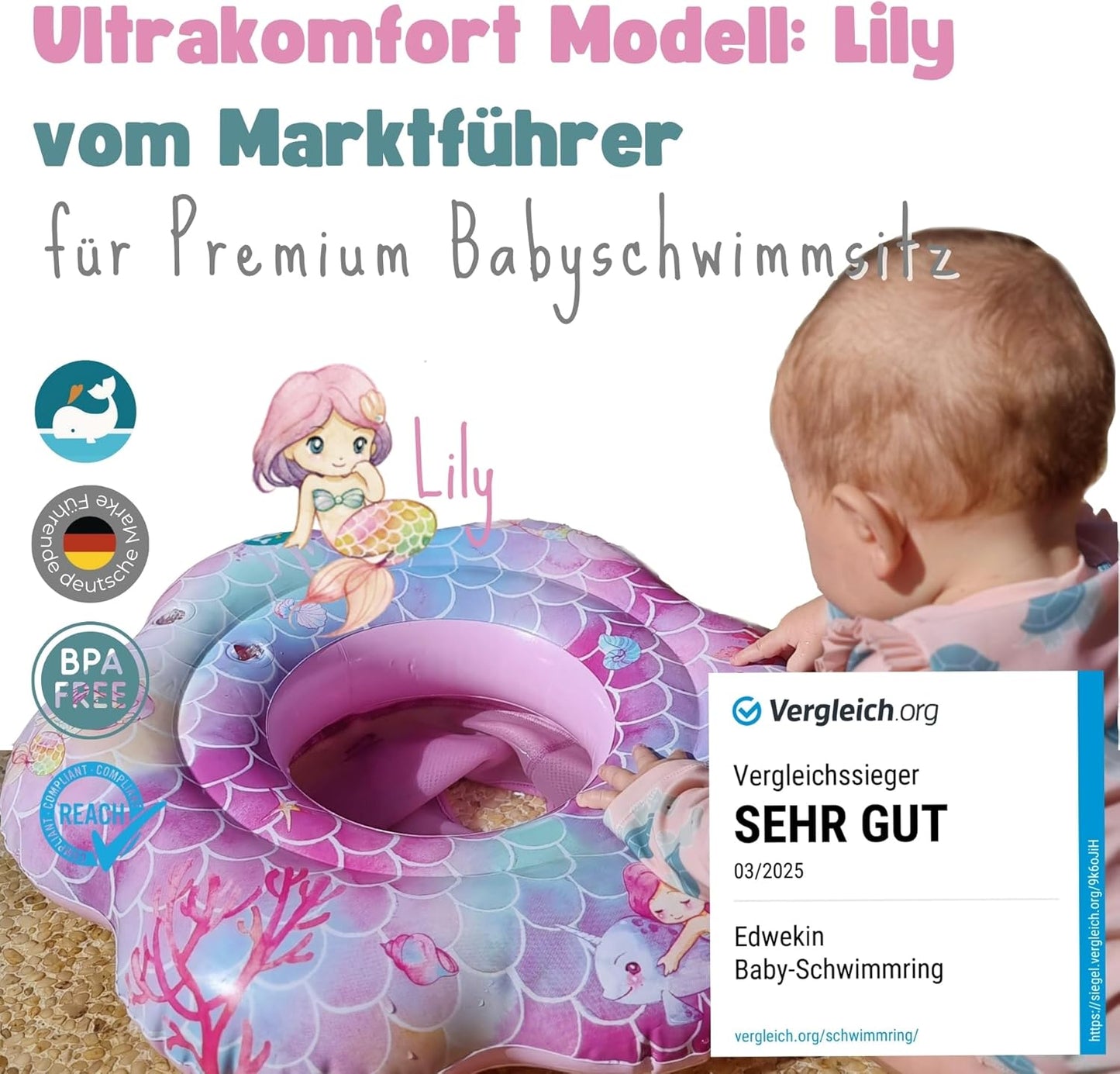 EDWEKIN® Premium Baby Schwimmring, Schwimmhilfe Meerjungfrau, Schwimmsitz Kleinkinder, Baby Float, Schwimmreifen für Kinder ab 6 Monate bis 3 Jahre