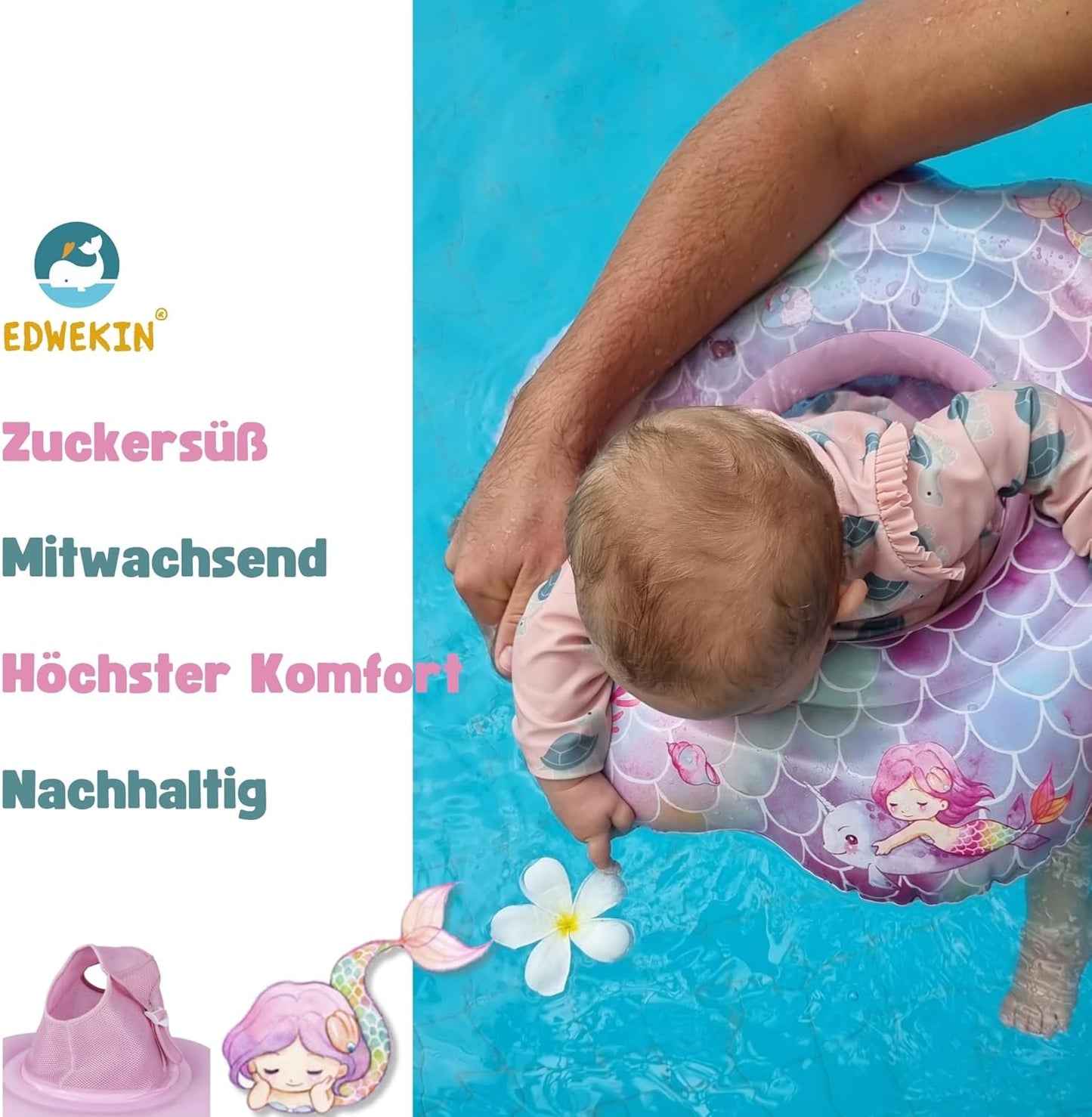 EDWEKIN® Premium Baby Schwimmring, Schwimmhilfe Meerjungfrau, Schwimmsitz Kleinkinder, Baby Float, Schwimmreifen für Kinder ab 6 Monate bis 3 Jahre
