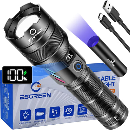 Esgreen LED Taschenlampe Extrem Hell 1000000 Lumens mit Mini UV 365nm Licht