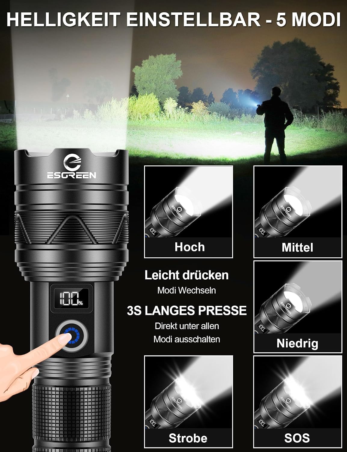 Esgreen LED Taschenlampe Extrem Hell 1000000 Lumens mit Mini UV 365nm Licht