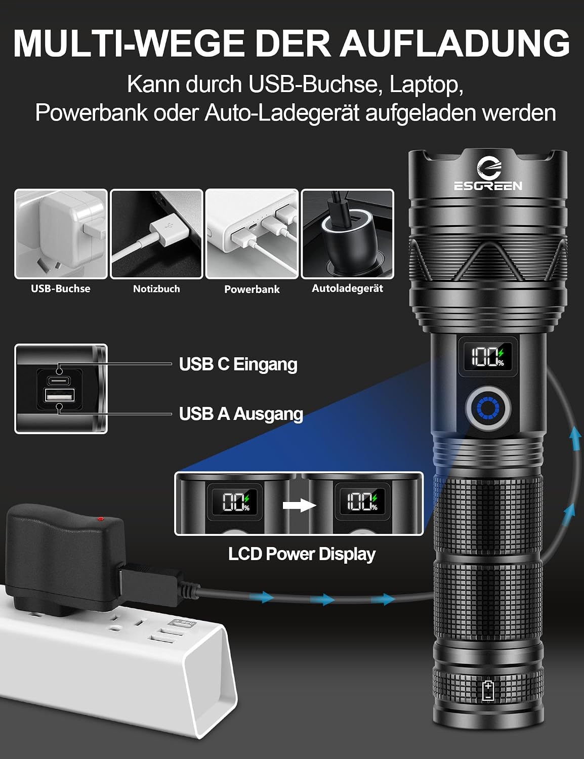 Esgreen LED Taschenlampe Extrem Hell 1000000 Lumens mit Mini UV 365nm Licht