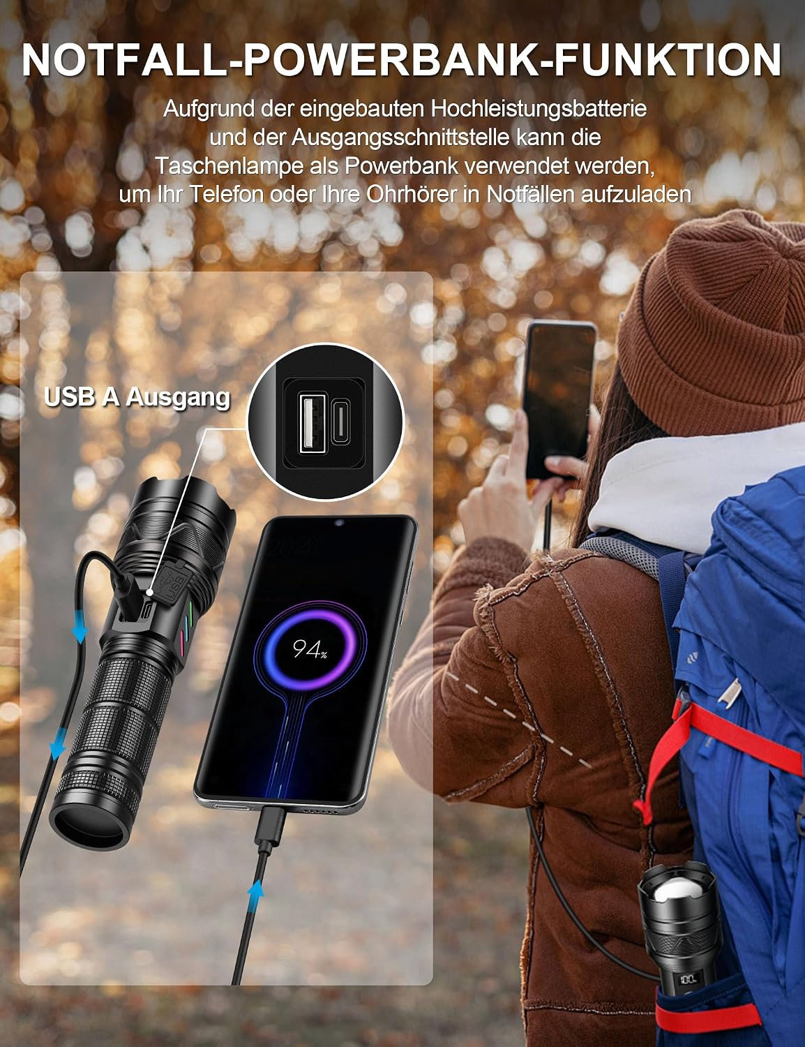 Esgreen LED Taschenlampe Extrem Hell 1000000 Lumens mit Mini UV 365nm Licht