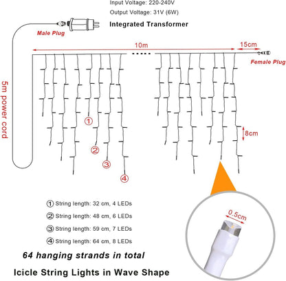 Eisregen Lichterkette für Außenbeleuchtung, 10m 400 LED Lichterkette mit Timer, IP44 wasserdicht, 8 Modi, für drinnen und draußen für Weihnachten, Schlafzimmer, Party, Fest, Balkon, Garten (Warmweiß) [Energieklasse F]