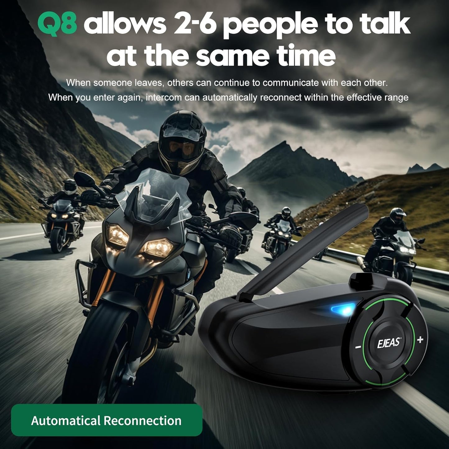 EJEAS Q8 Mesh Motorrad Bluetooth Headset, 800m Reichweite Headset,Starke Anti-Interferenz-Fähigkeit