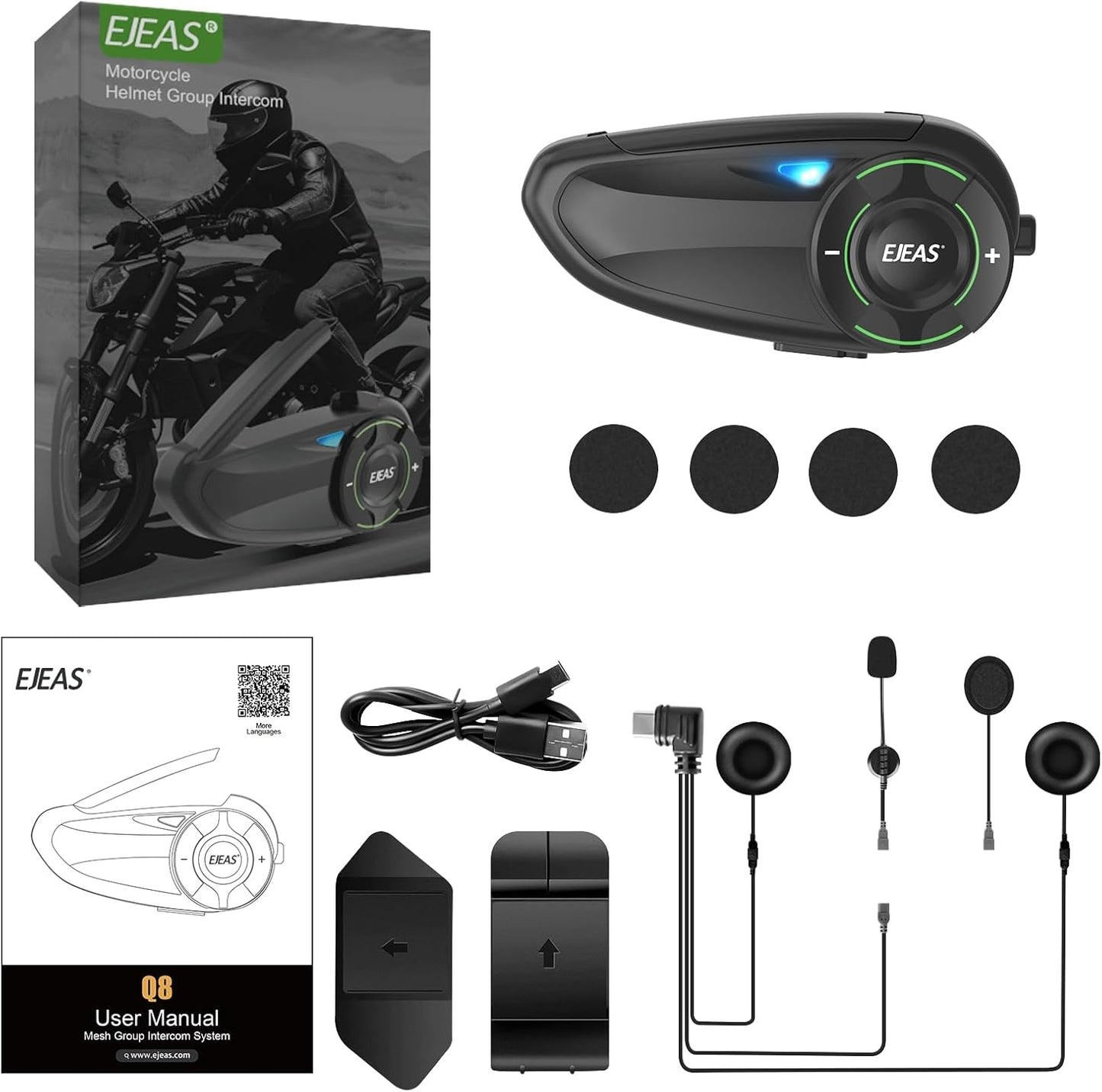 EJEAS Q8 Mesh Motorrad Bluetooth Headset, 800m Reichweite Headset,Starke Anti-Interferenz-Fähigkeit