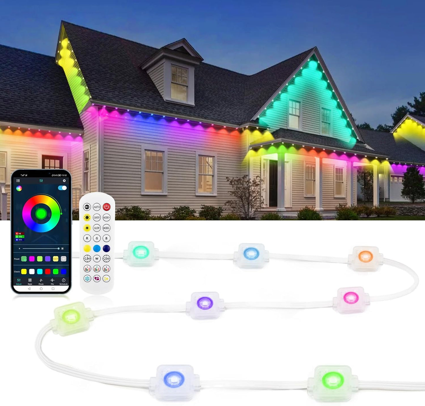 ELOUYCKE Permanente Außenbeleuchtung 15M, Smart RGBIC Außenleuchten 30 LED, IP67 Wasserdicht