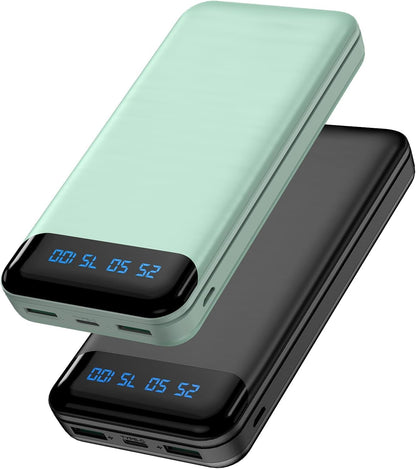 Enerwow Power Bank, 2 Stück 16000mAh Powerbank 5V 3A Schnelles Aufladen Tragbares Ladegerät mit LCD Display, Slimmest Zwei Ports Externer Handyakkus mit iPhone 15 14 13 12 Pro Max, Smartphones
