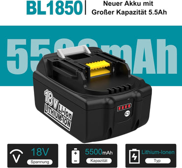 2 Stück 18V 5500mAh Ersatzakku für Makita Akku 18V BL1850...