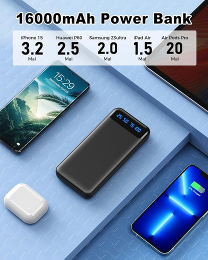 Enerwow Power Bank, 2 Stück 16000mAh Powerbank 5V 3A Schnelles Aufladen Tragbares Ladegerät mit LCD Display, Slimmest Zwei Ports Externer Handyakkus mit iPhone 15 14 13 12 Pro Max, Smartphones