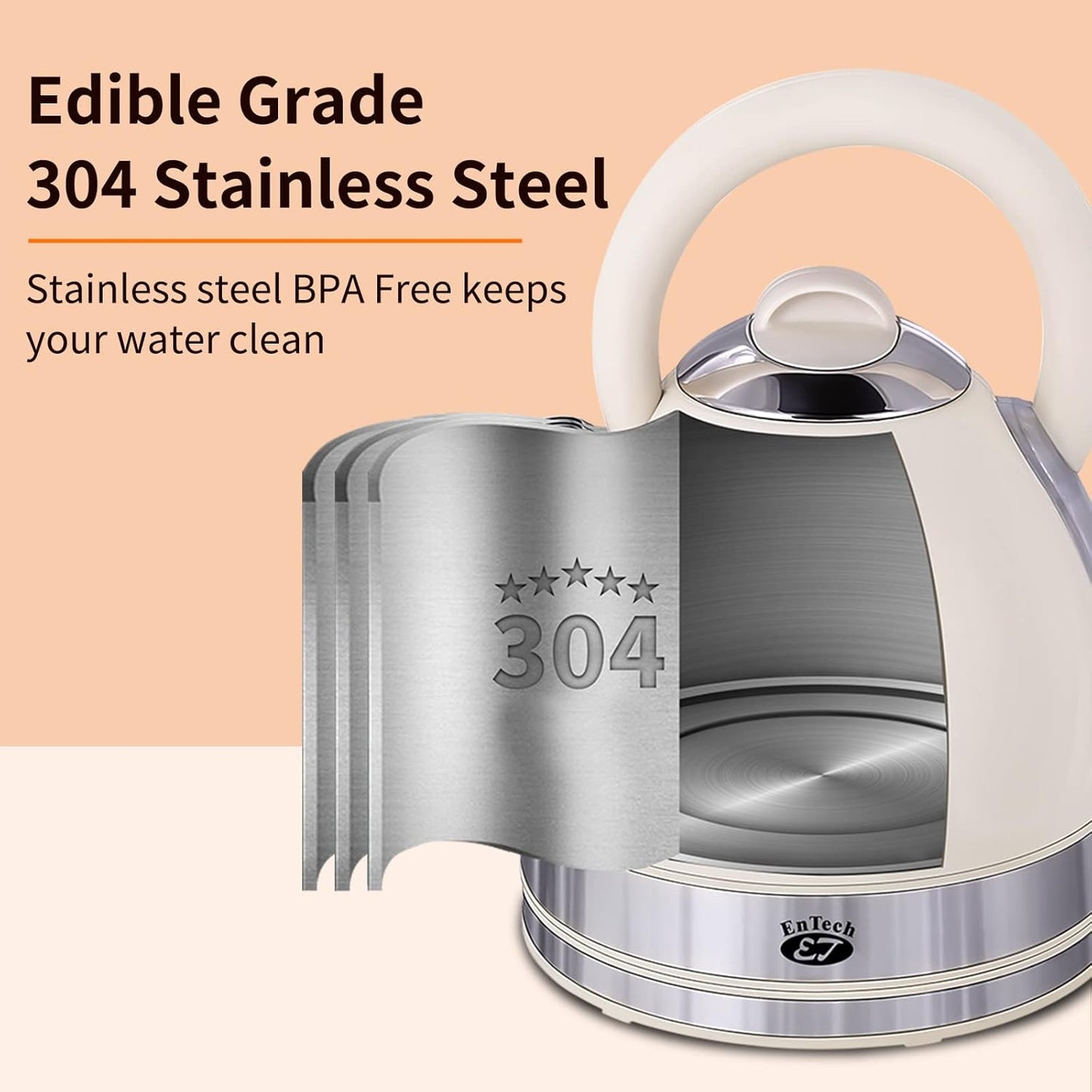 EnTech 1,7 l elektrischer Wasserkocher mit automatischer Entladung, Schnellkoch-Warmwasserbereiter, 3000 W, Edelstahl, BPA-freies Inneres, LED-Anzeige