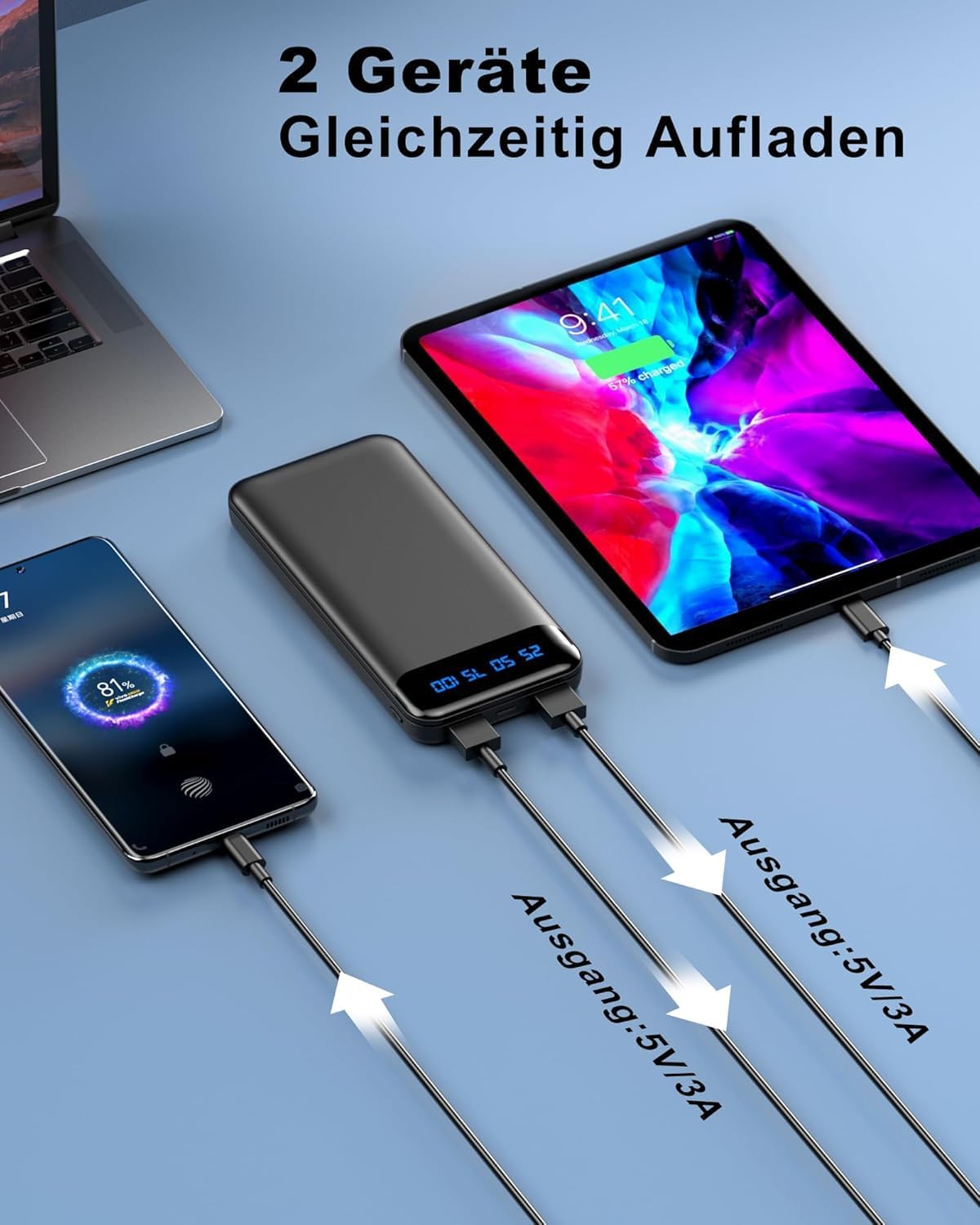 Enerwow Power Bank, 2 Stück 16000mAh Powerbank 5V 3A Schnelles Aufladen Tragbares Ladegerät mit LCD Display, Slimmest Zwei Ports Externer Handyakkus mit iPhone 15 14 13 12 Pro Max, Smartphones