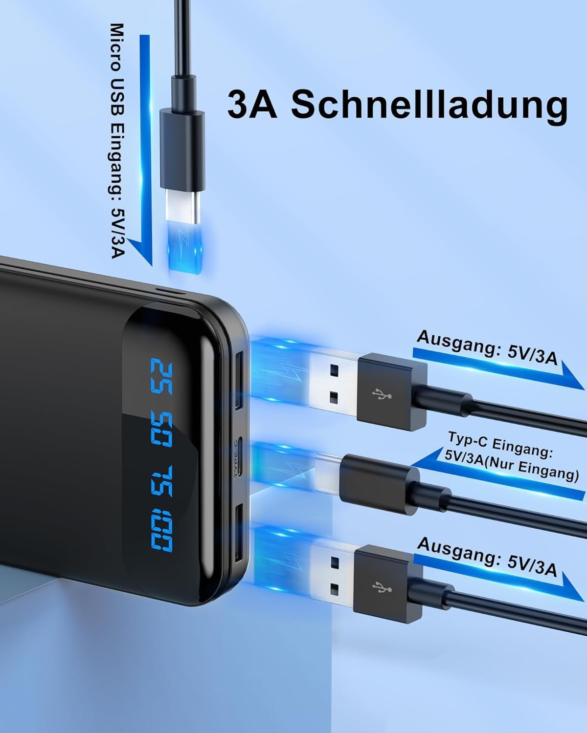 Enerwow Power Bank, 2 Stück 16000mAh Powerbank 5V 3A Schnelles Aufladen Tragbares Ladegerät mit LCD Display, Slimmest Zwei Ports Externer Handyakkus mit iPhone 15 14 13 12 Pro Max, Smartphones