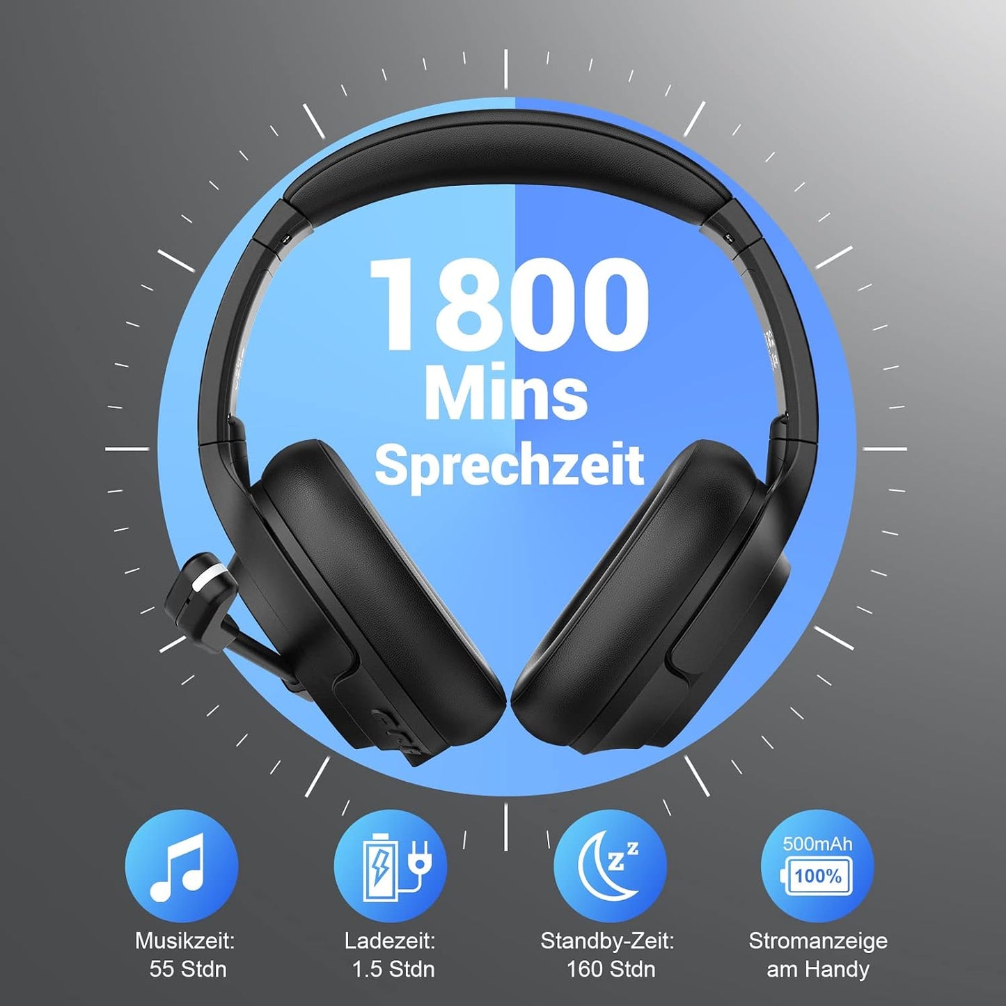 EKSA H6 Bluetooth Headset mit Mikrofon & USB Dongle [55 Stdn & 10M Reichweite] Schwarz