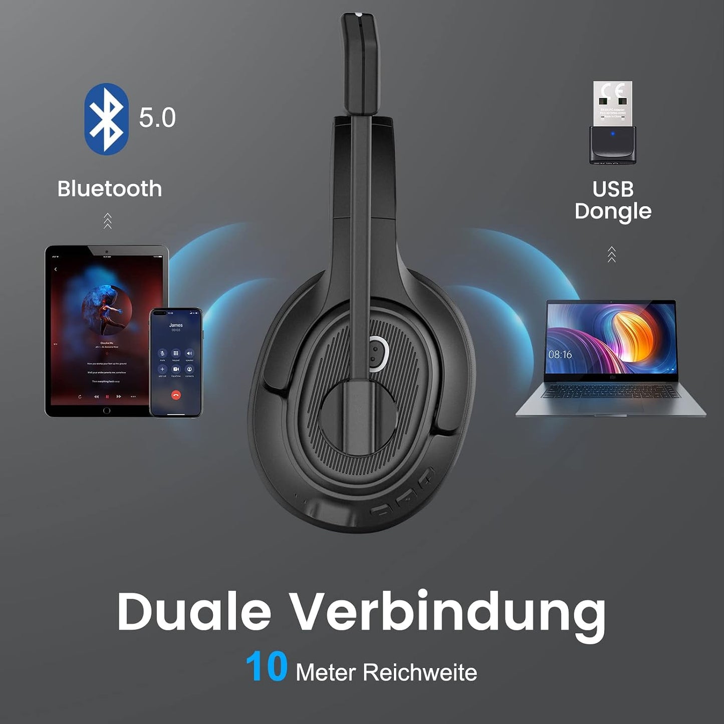 EKSA H6 Bluetooth Headset mit Mikrofon & USB Dongle [55 Stdn & 10M Reichweite] Schwarz