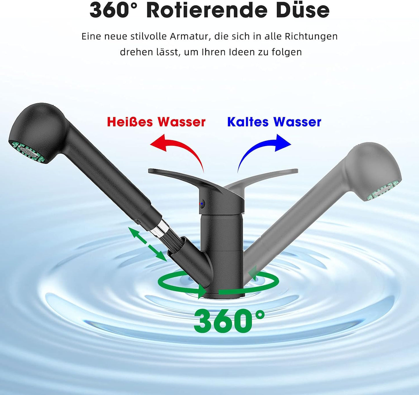 EUPYTE Schwarz Wasserhahn Küche Ausziehbar, Mischbatterie küchenarmatur 360° Schwenkbar für Küche, Einhebel Spültischarmatur Armatur mit 2 Strahlarten ( Brause/Sprudelwasser)