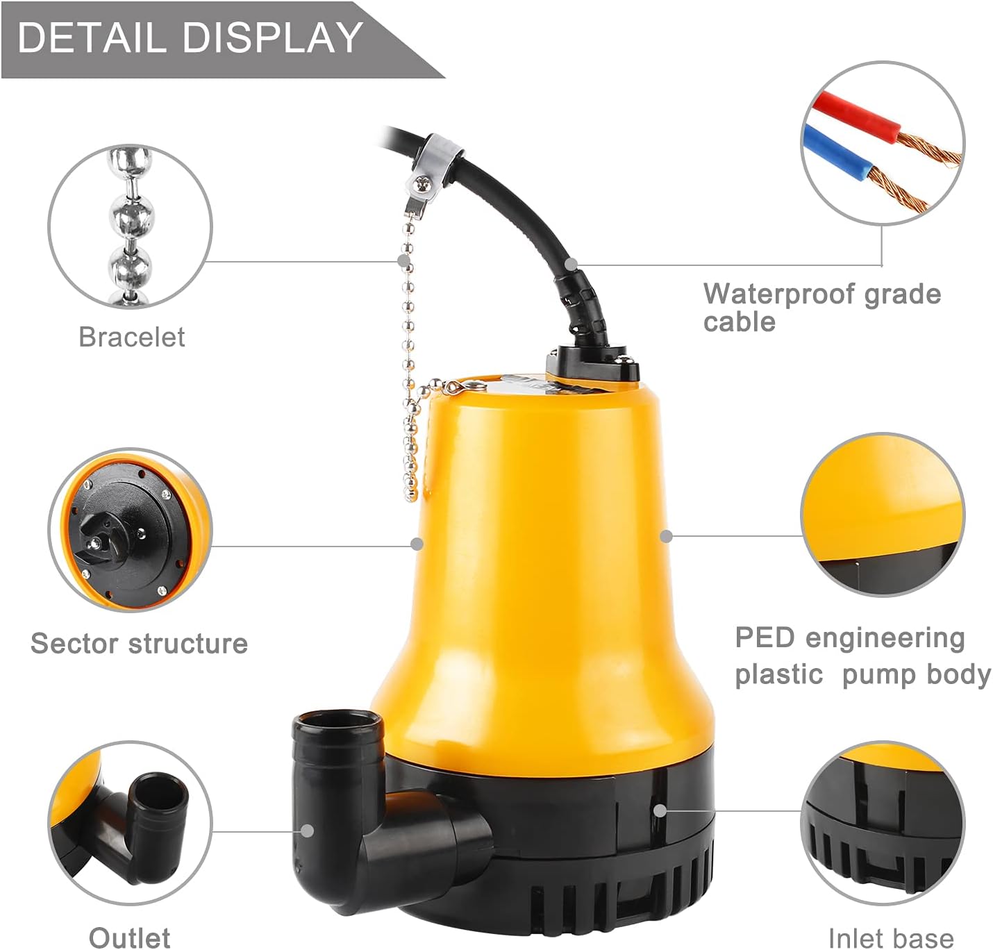 Everfarel Tauchpumpe Wasserpumpe DC 12V 60W 3600L/H pour bateau Teich avec câble de 1,3 m (Orange)