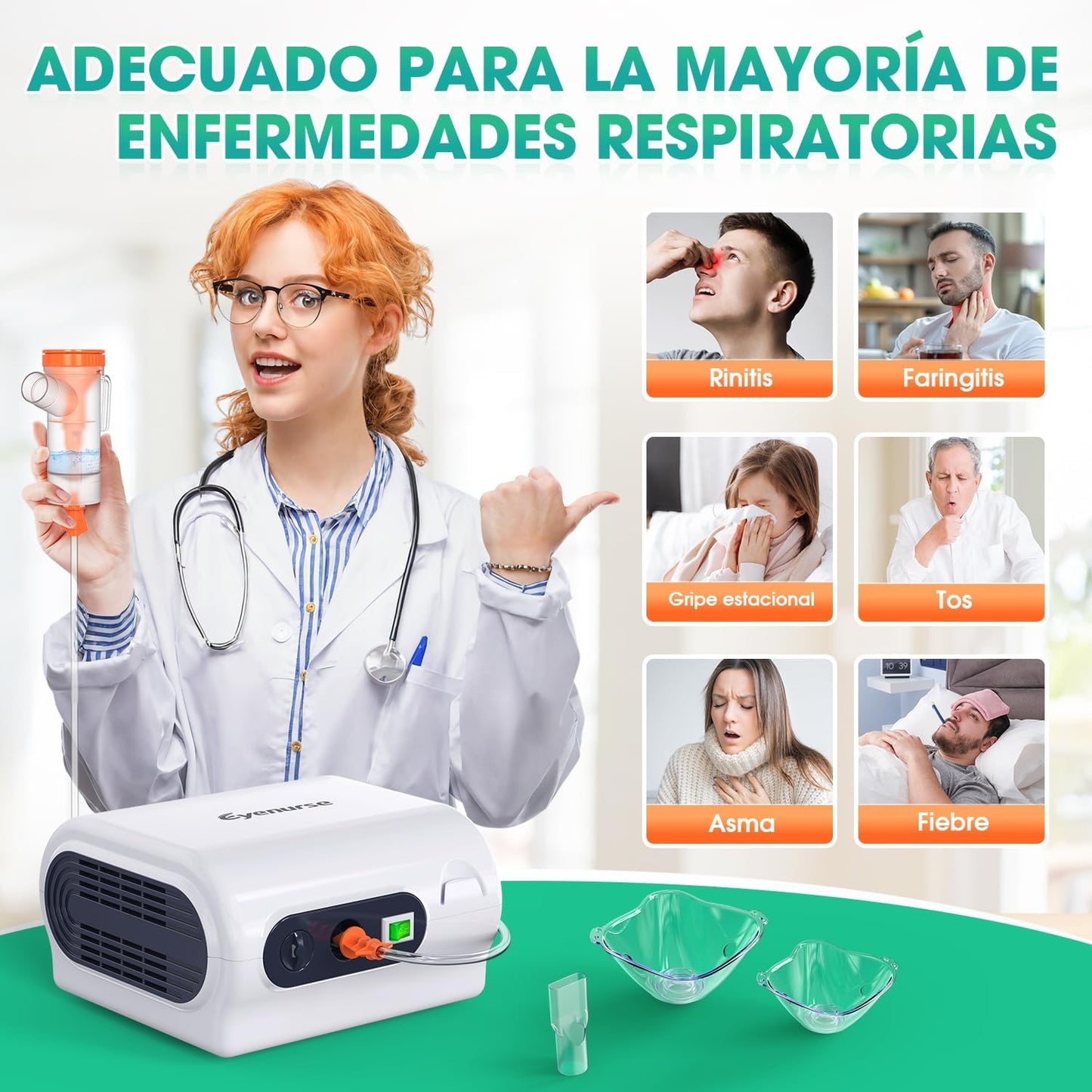 Eyenurse Inhalator Nebulizer Vernebler, Kompressorvernebler mit Mundstück, 2 Masken und Schläuchen