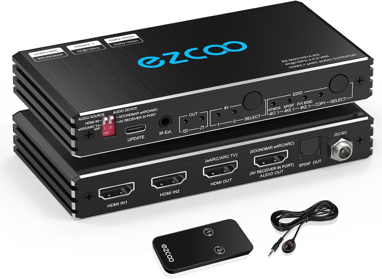 ROFAVEZCO 4K@120Hz HDMI 2.1 eARC Audio Extractor 2 in 1 Out HDMI Switch