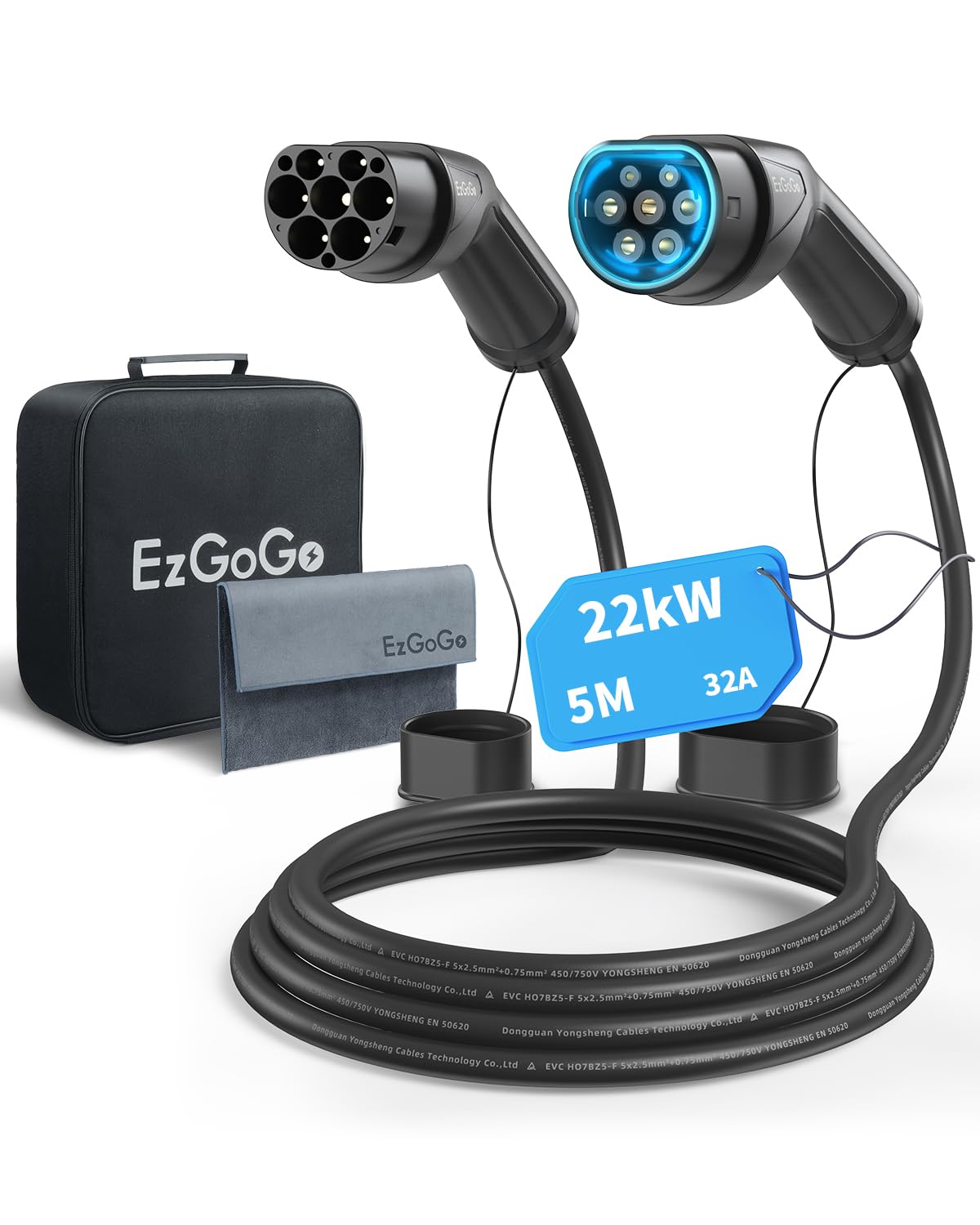 EzGoGo Typ 2 Ladekabel, 22 kW / 32A / 3-Phasig / 5 Meter/Modus 3, Typ 2 EV