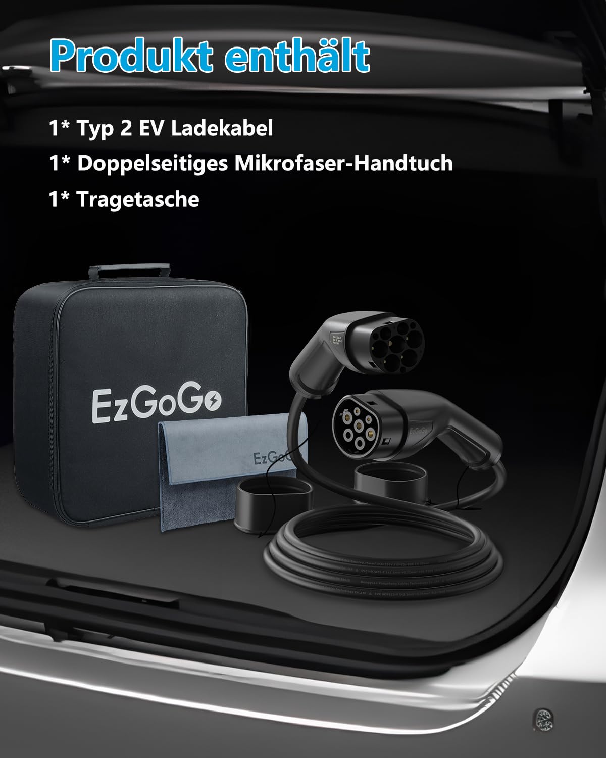 EzGoGo Typ 2 Ladekabel, 22 kW / 32A / 3-Phasig / 5 Meter/Modus 3, Typ 2 EV