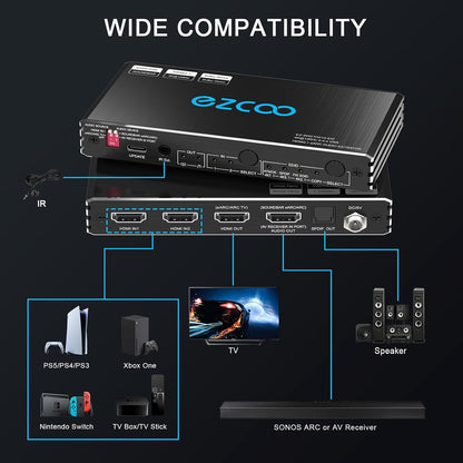 ROFAVEZCO 4K@120Hz HDMI 2.1 eARC Audio Extractor 2 in 1 Out HDMI Switch