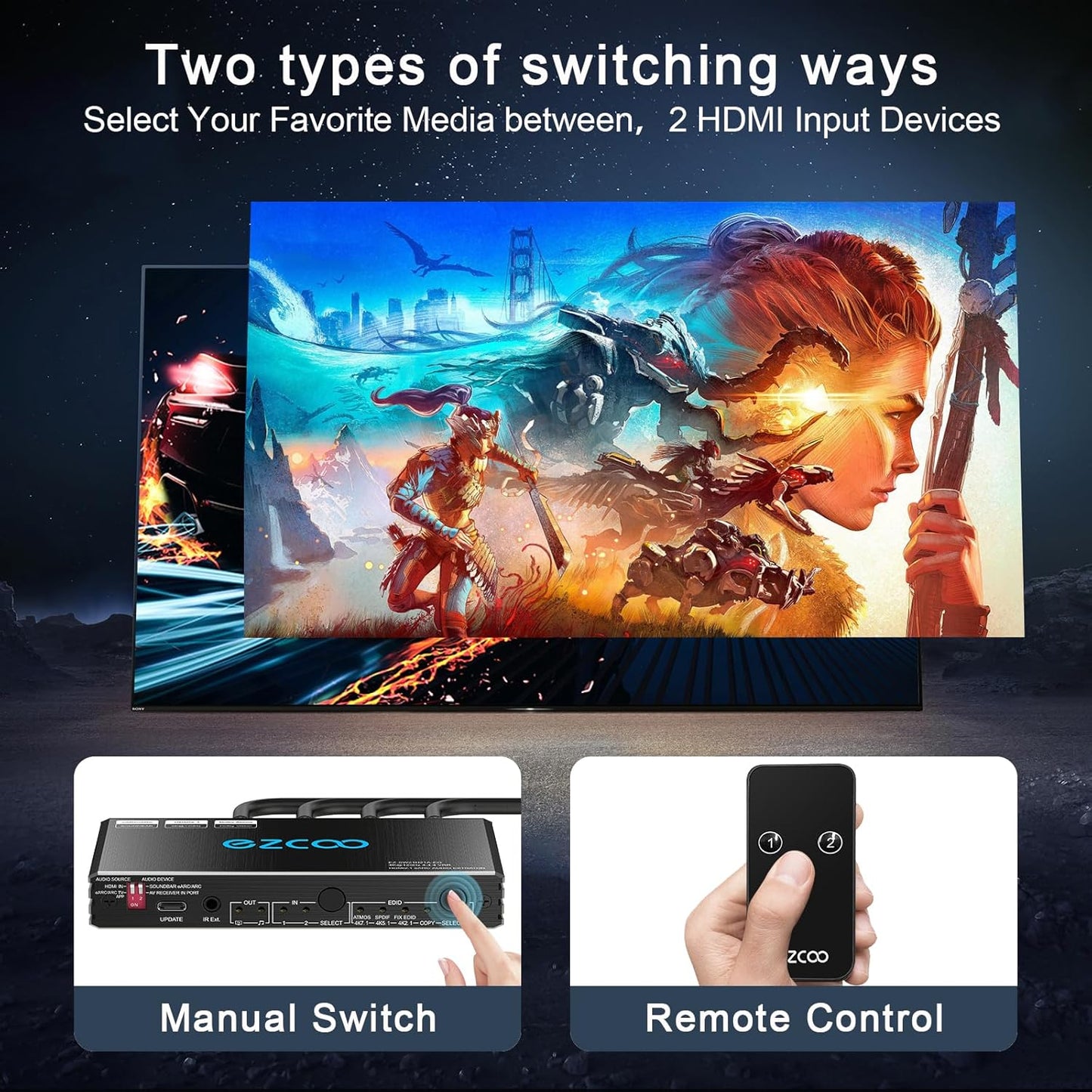 ROFAVEZCO 4K@120Hz HDMI 2.1 eARC Audio Extractor 2 in 1 Out HDMI Switch