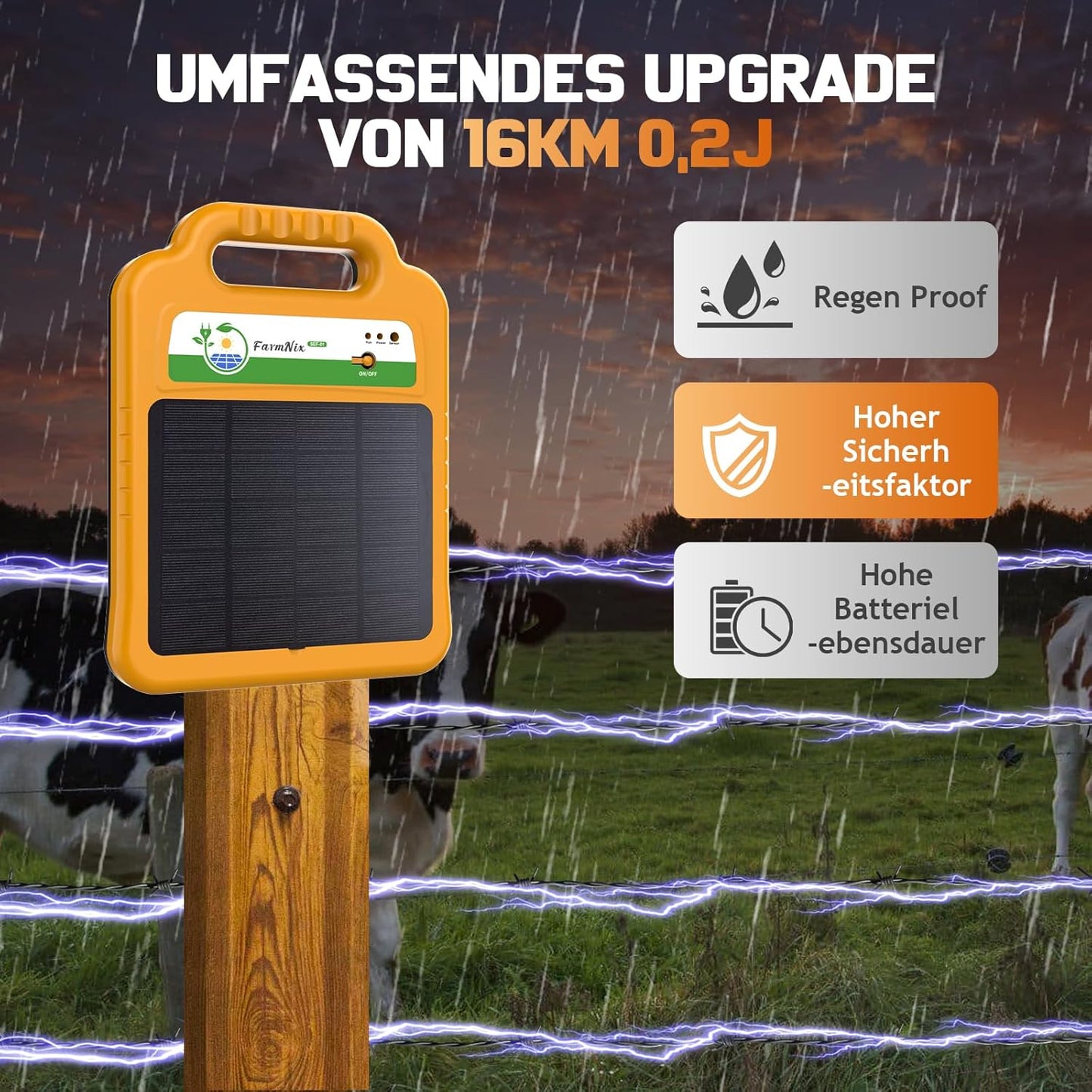 Solar Weidezaungerät für 16 KM Reichweite, 0,2J/8KV Elektrischer Zaunladegerät,