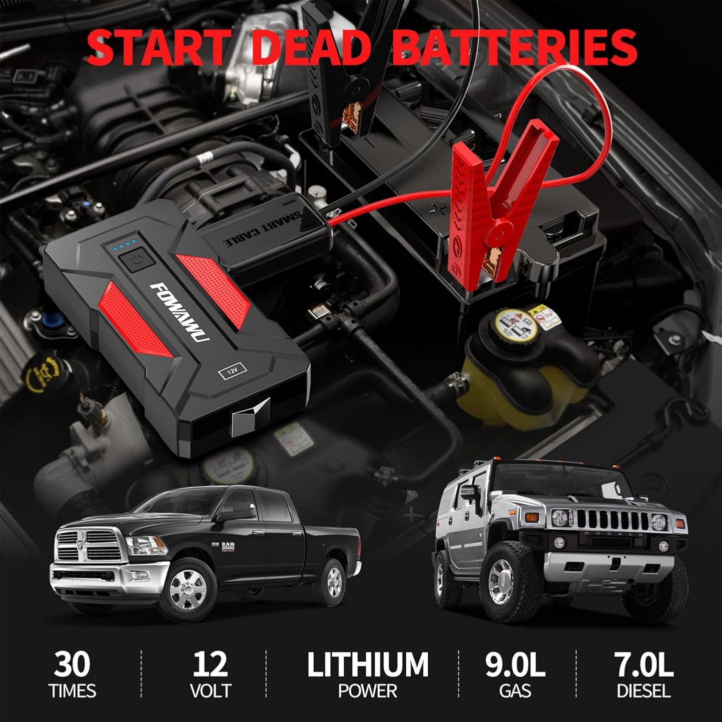 FOWAWU Auto Starthilfe 12 V Powerbank 4000 A 24800 mAh, Booster LED