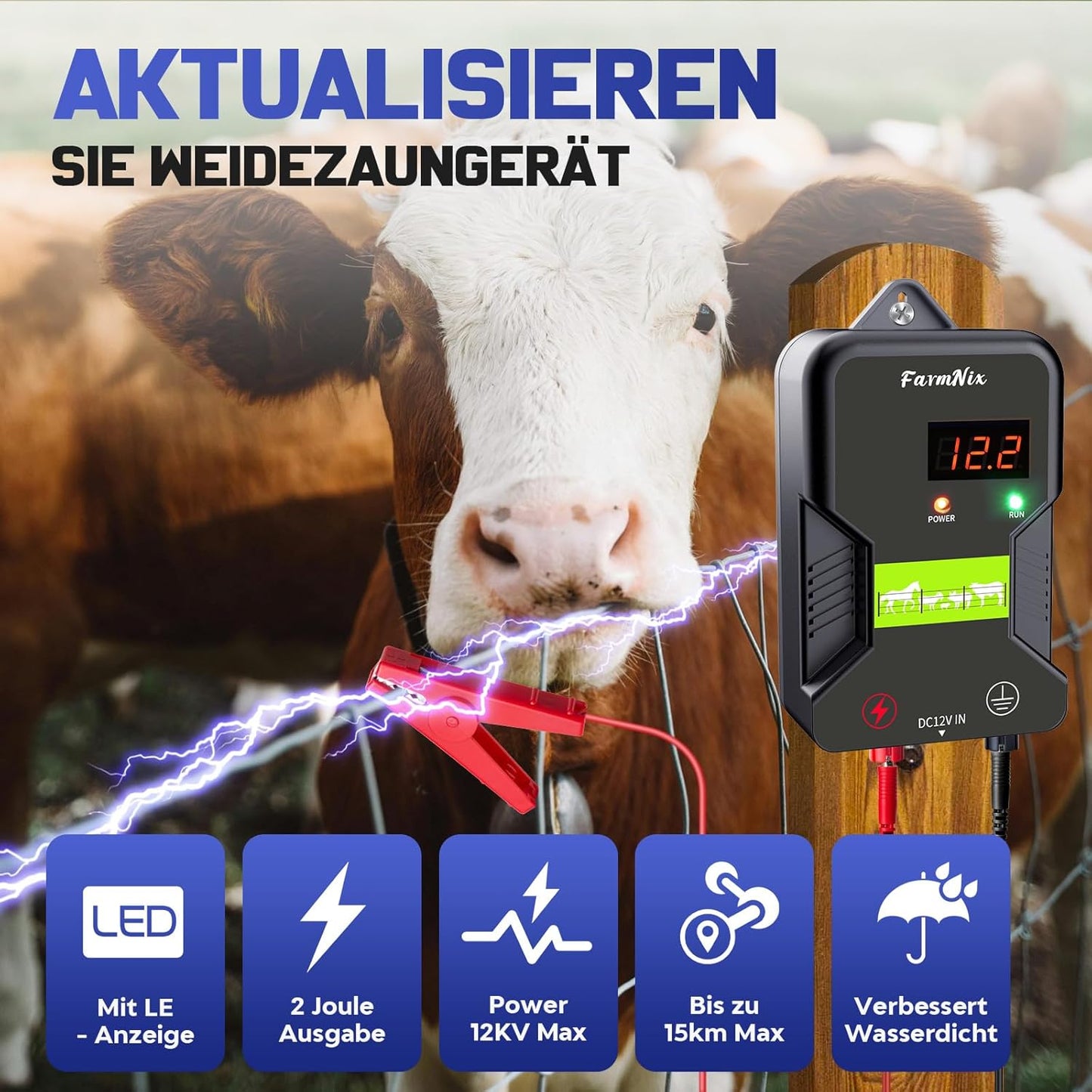 12V Weidezaungerät mit LED Anzeige, 2J Wasserdicht Elektrischer Weidezaun für 15 KM