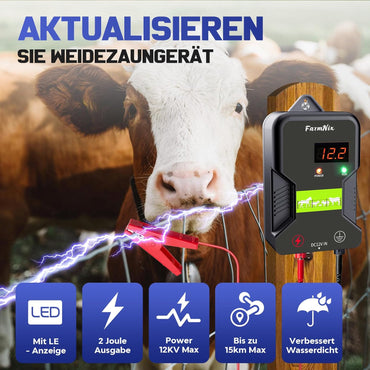 12V Weidezaungerät mit LED Anzeige, 2J Wasserdicht Elektrischer Weidezaun für 15 KM