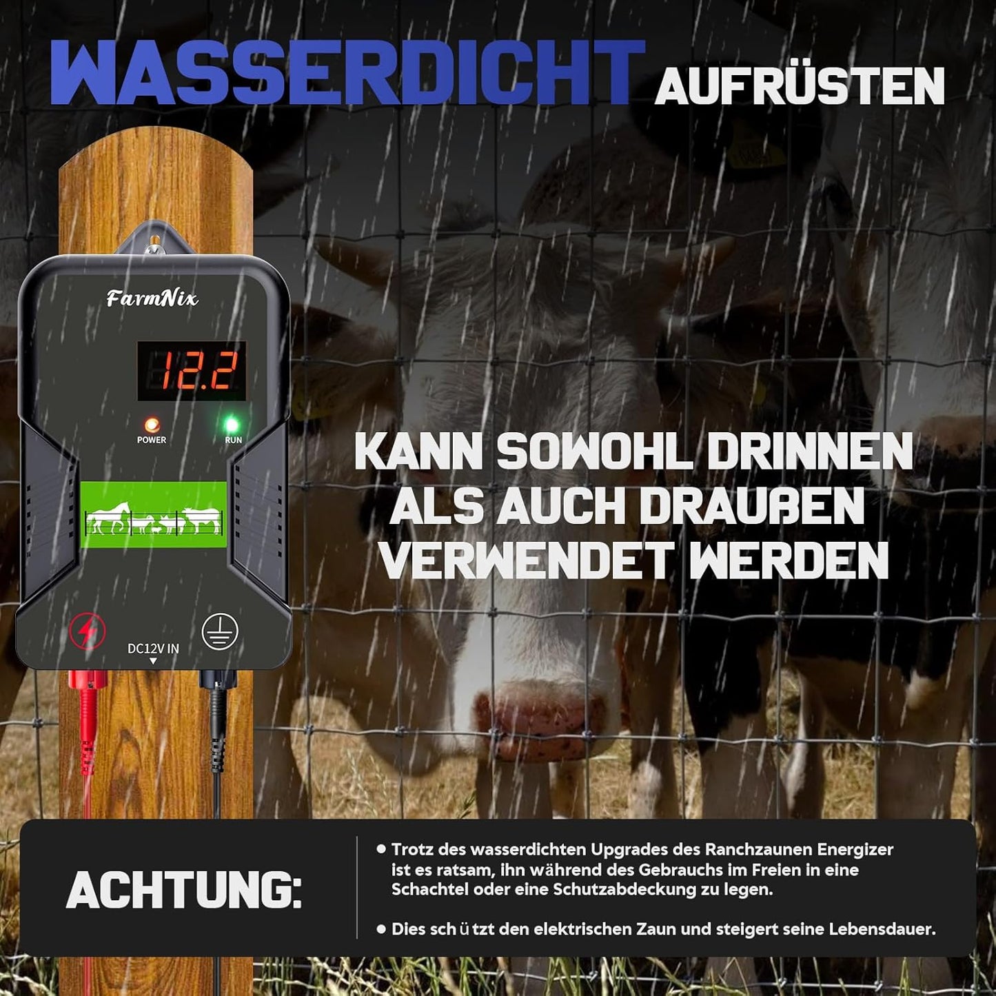 12V Weidezaungerät mit LED Anzeige, 2J Wasserdicht Elektrischer Weidezaun für 15 KM