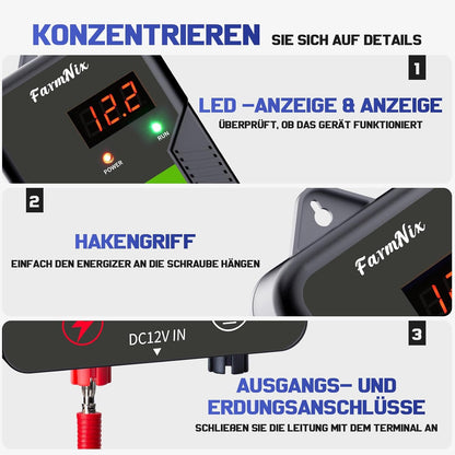 12V Weidezaungerät mit LED Anzeige, 2J Wasserdicht Elektrischer Weidezaun für 15 KM