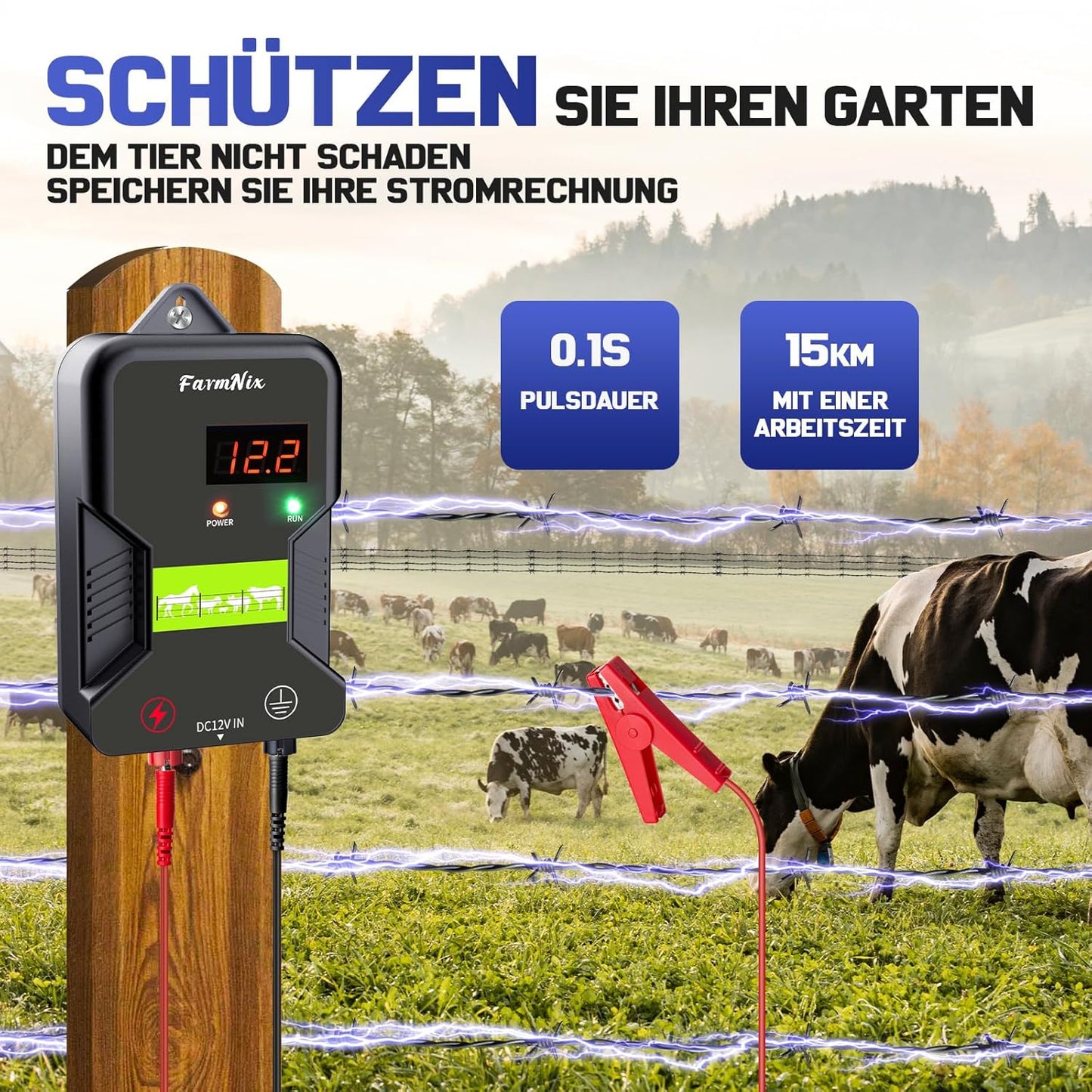 12V Weidezaungerät mit LED Anzeige, 2J Wasserdicht Elektrischer Weidezaun für 15 KM