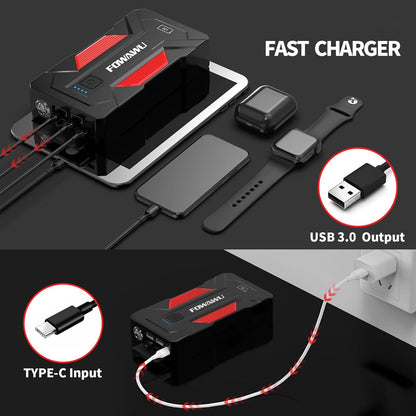 FOWAWU Auto Starthilfe 12 V Powerbank 4000 A 24800 mAh, Booster LED