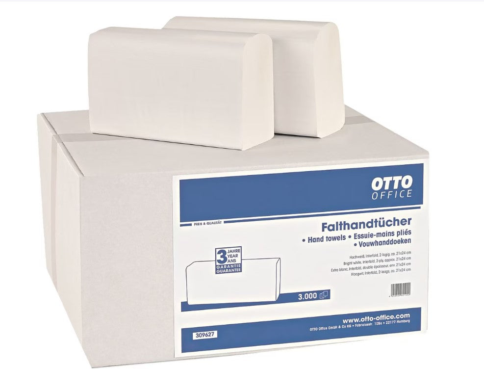 OTTO Office Papierhandtücher  2-lagig, hochweiß, 21 cm x 24 cm aus Zellstoff mit I-Falzung - 3000 Blatt gesamt