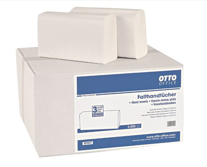 OTTO Office Papierhandtücher  2-lagig, hochweiß, 21 cm x 24 cm aus Zellstoff mit I-Falzung - 3000 Blatt gesamt