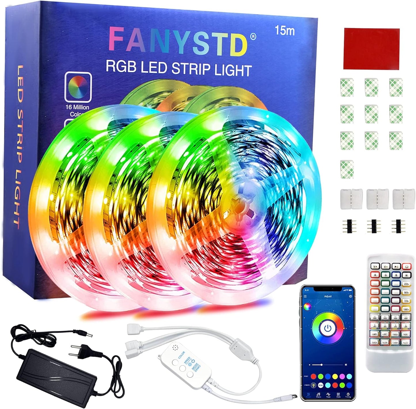 FANYSTD LED-Streifen, 15 m, LED-Streifen, Bluetooth, RGB-Farbwechsel, LED-Lichterkette, 15 m, App-steuerbar, 16 Millionen Farben, Fernbedienung, Synchronisierung mit Musik