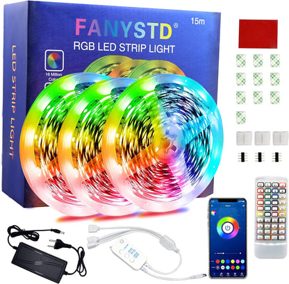 FANYSTD LED-Streifen, 15 m, LED-Streifen, Bluetooth, RGB-Farbwechsel, LED-Lichterkette, 15 m, App-steuerbar, 16 Millionen Farben, Fernbedienung, Synchronisierung mit Musik