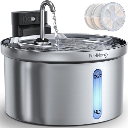 FEELNEEDY 3,5L Katzenbrunnen Edelstahl Kabellos mit Sensor, 4000mAh,mit 3 Filter