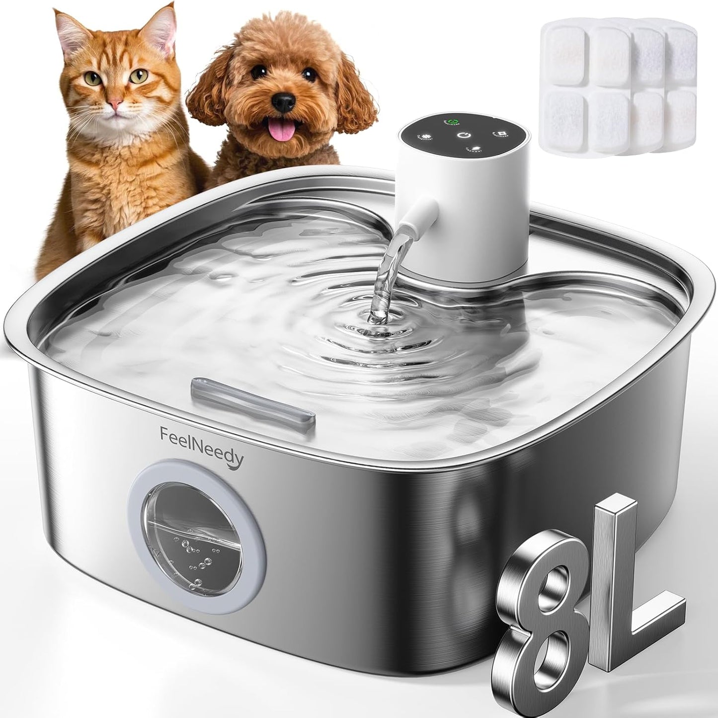 FEELNEEDY 8L Katzenbrunnen Kabellos mit 3 Filters 5000mAh Trinkbrunnen für Hunde, Katzen