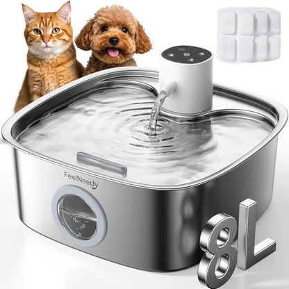 FEELNEEDY 8L Katzenbrunnen Kabellos mit 3 Filters 5000mAh Trinkbrunnen für Hunde, Katzen