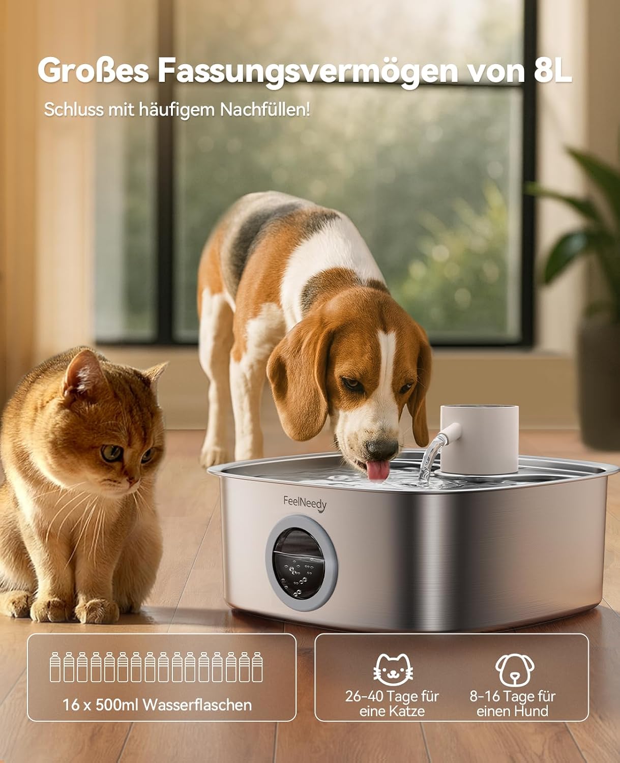 FEELNEEDY 8L Katzenbrunnen Kabellos mit 3 Filters 5000mAh Trinkbrunnen für Hunde, Katzen