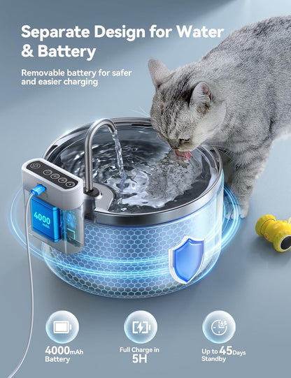 FEELNEEDY 3,5L Katzenbrunnen Edelstahl Kabellos mit Sensor, 4000mAh,mit 3 Filter