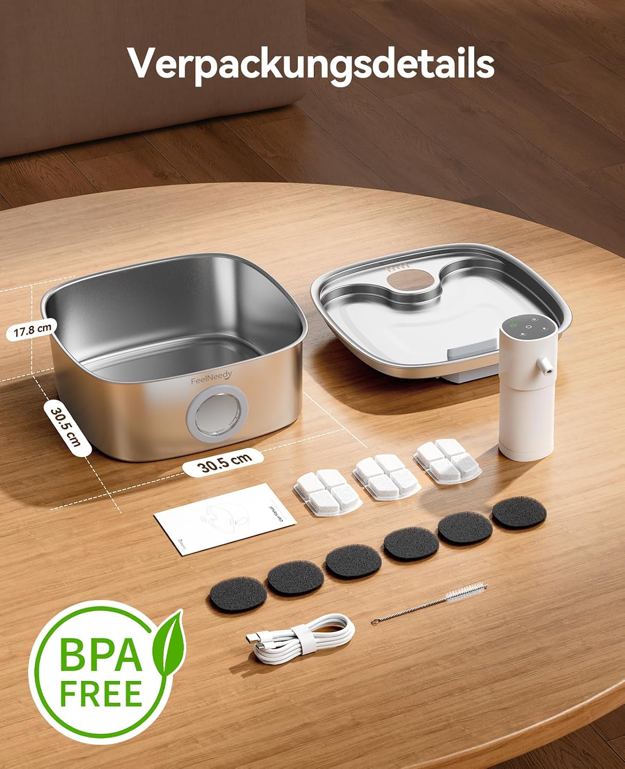 FEELNEEDY 8L Katzenbrunnen Kabellos mit 3 Filters 5000mAh Trinkbrunnen für Hunde, Katzen