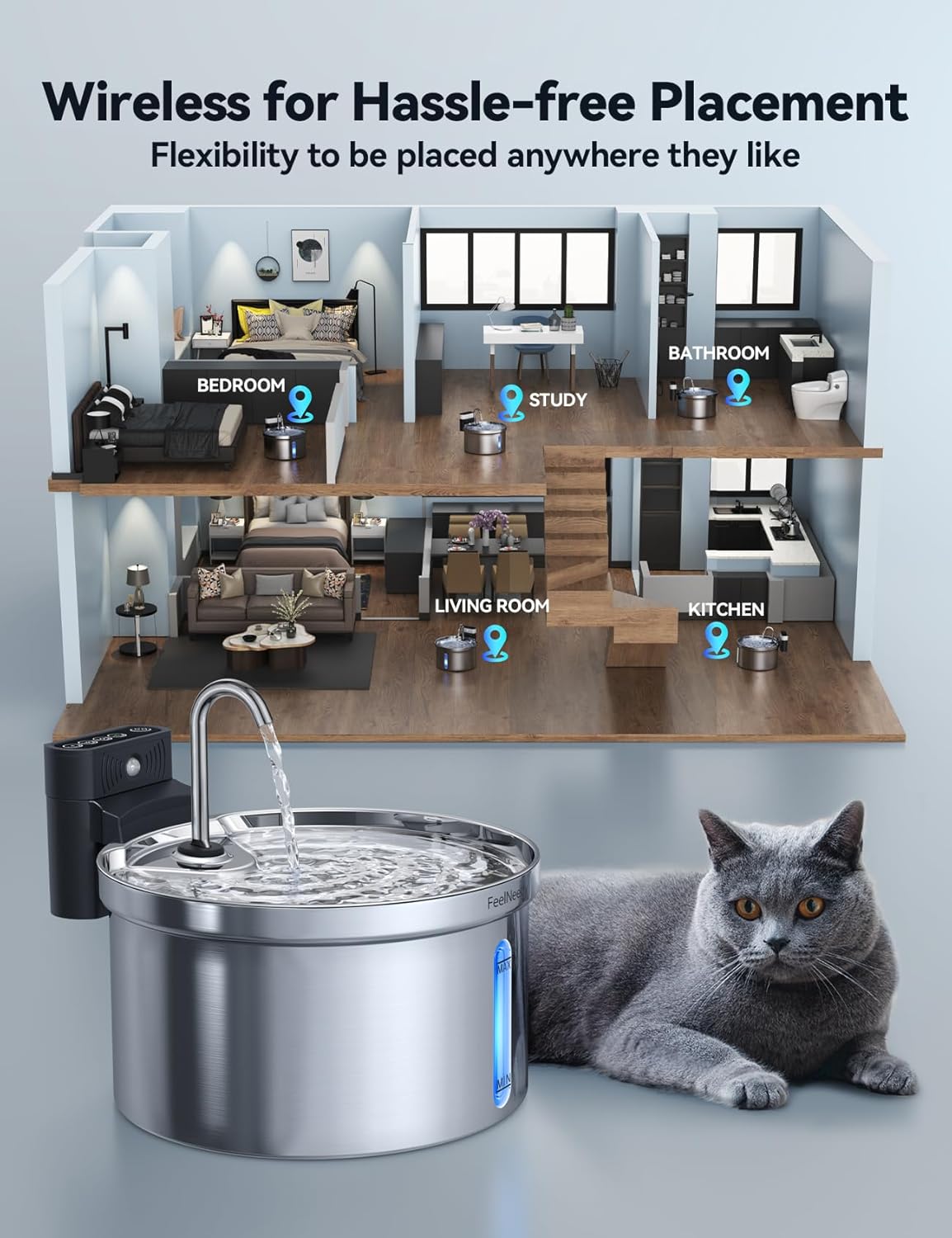 FEELNEEDY 3,5L Katzenbrunnen Edelstahl Kabellos mit Sensor, 4000mAh,mit 3 Filter