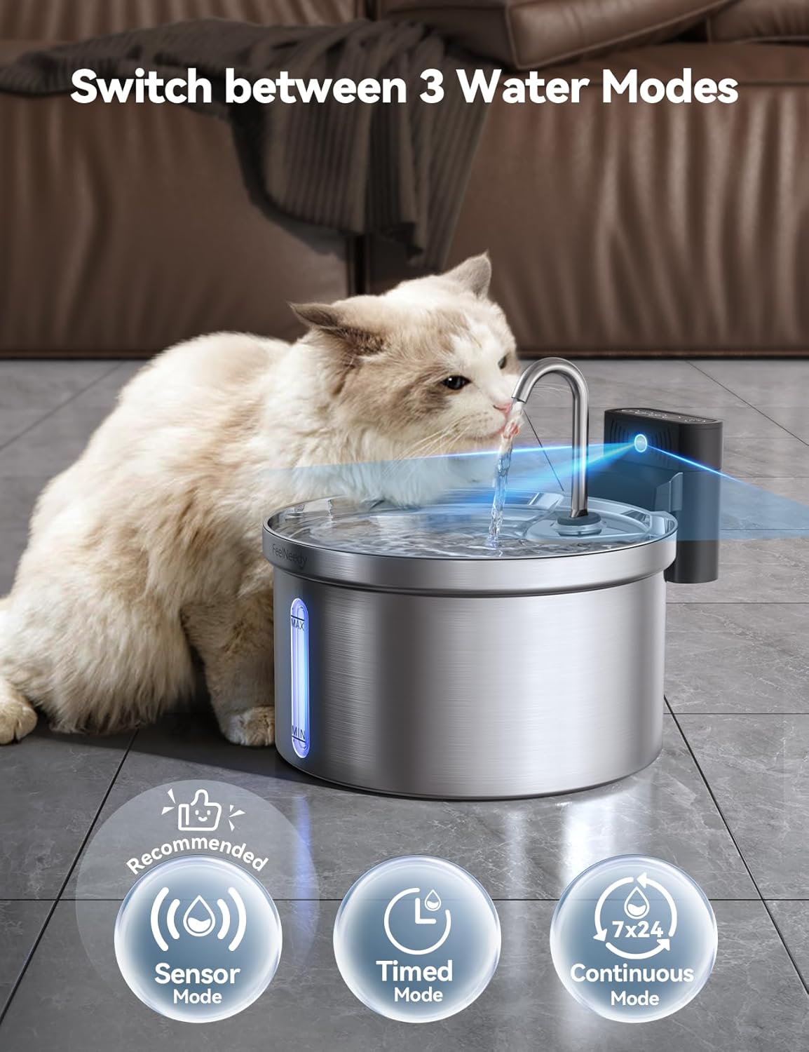 FEELNEEDY 3,5L Katzenbrunnen Edelstahl Kabellos mit Sensor, 4000mAh,mit 3 Filter