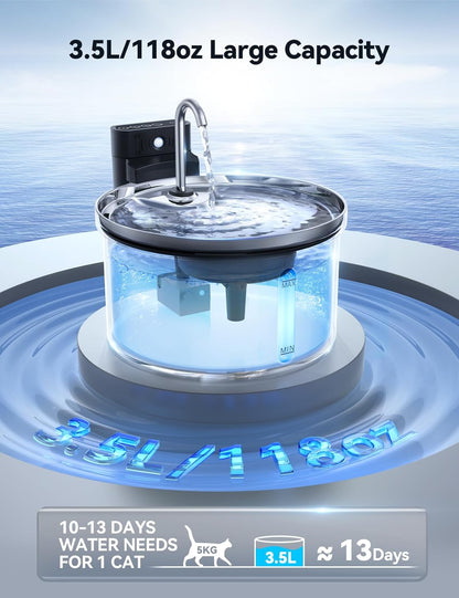 FEELNEEDY 3,5L Katzenbrunnen Edelstahl Kabellos mit Sensor, 4000mAh,mit 3 Filter