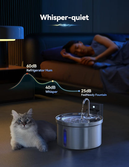 FEELNEEDY 3,5L Katzenbrunnen Edelstahl Kabellos mit Sensor, 4000mAh,mit 3 Filter