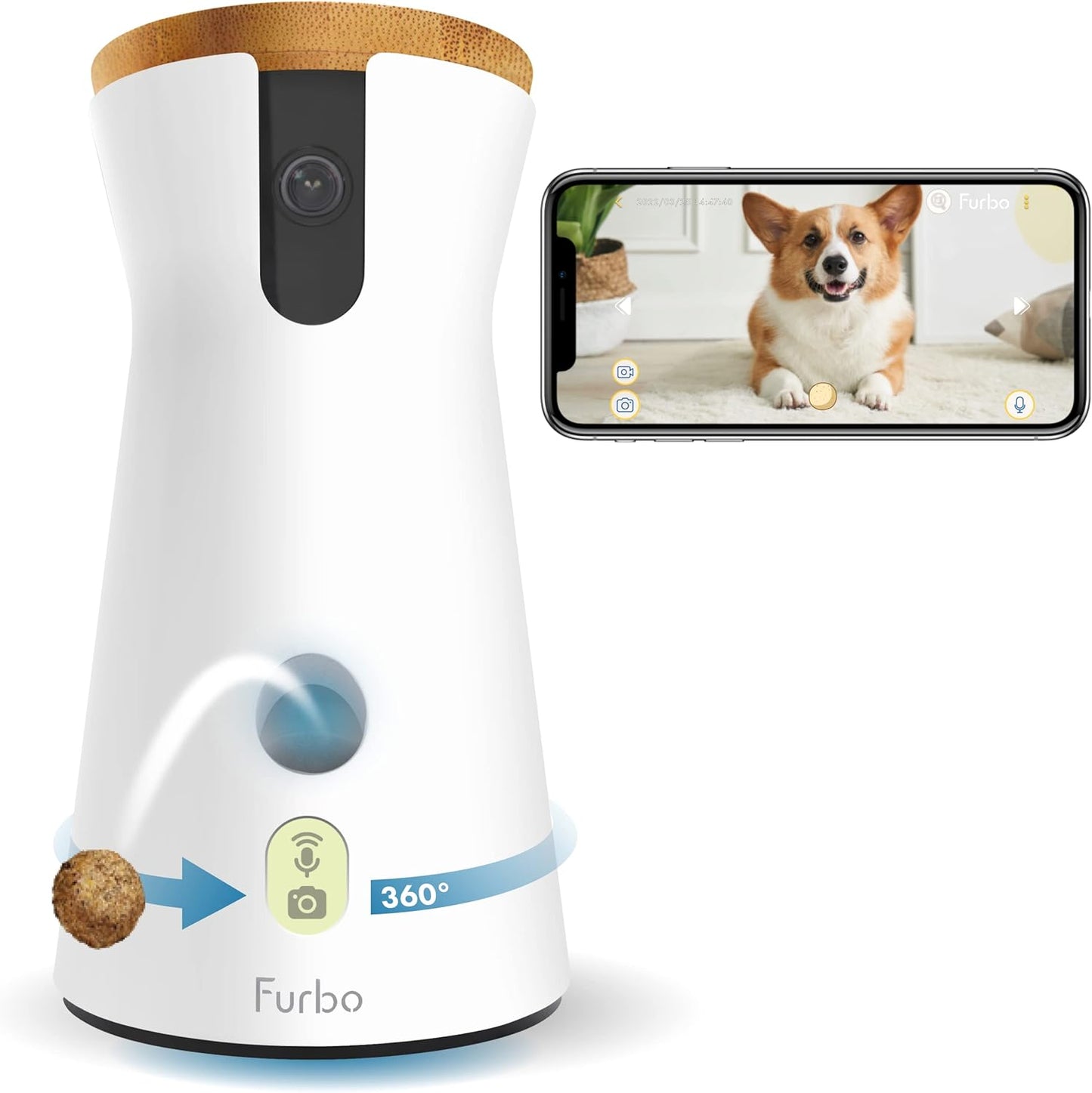 Furbo 360° Hundekamera Haustierkamera mit App, Rotierende 360° Sicht, Farbnachtsicht, Tracking, Leckerliwurf, Bell-Alarm